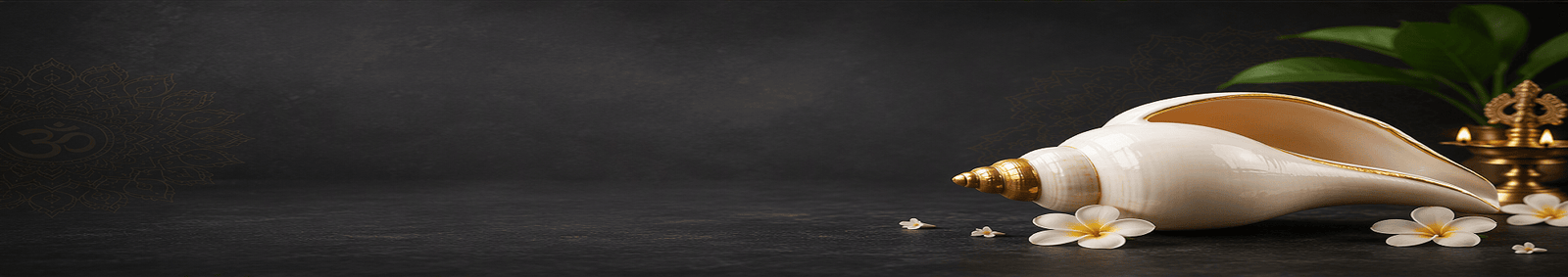 Sacred Shankha (Conch Shell) displayed on a dark grey spiritual background with subtle golden mandala patterns, temple lamps, and white flowers, symbolizing purity, prosperity, and divine energy in Hindu worship.